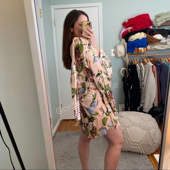 NICHOLAS Peach Pink Floral Print Silk Flare Sleeve Romper Long Sleeve 6 Small - Picture 5 of 16